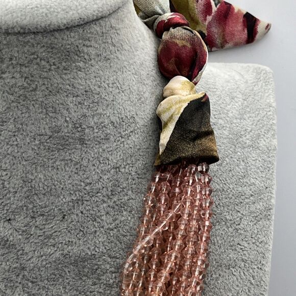 Anthropologie Pink Beaded Multi Strand Necklace Floral Satin Ribbon Tie - Picture 4 of 5